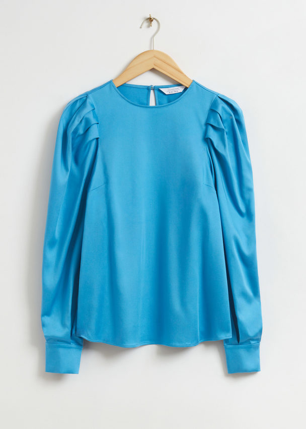 & Other Stories Pleated Sleeve Satin Blouse Blue