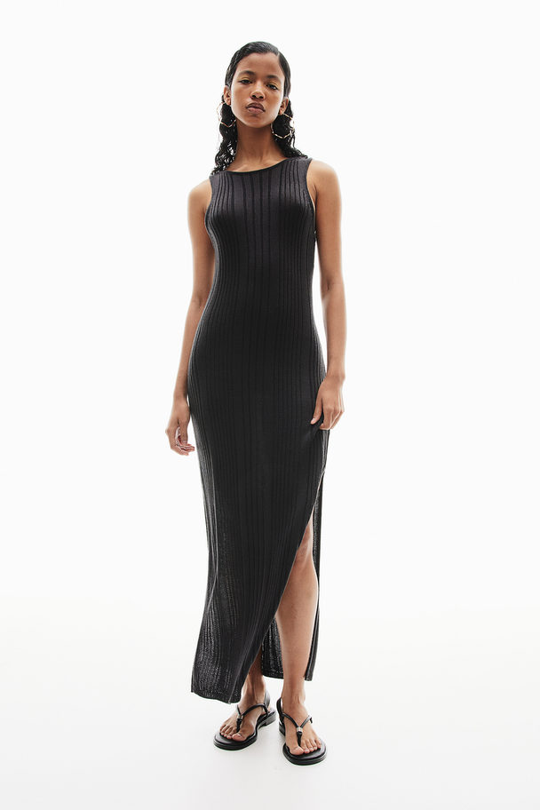 H&M Bodycon-Kleid aus Rippstrick mit Fransendetail Schwarz