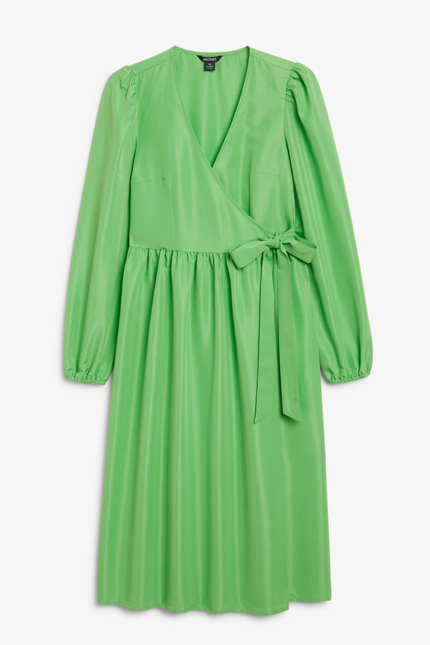 Monki Leuchtend grünes Wickelkleid in Minilänge mit Puffärmeln Knallgrün
