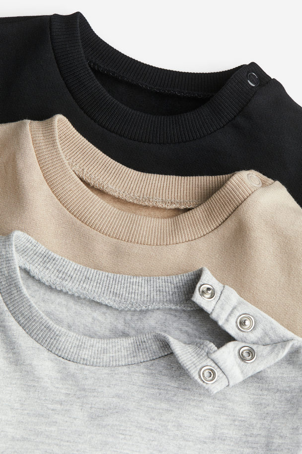 H&M 3-pack Sweatshirt I Bomull Ljusgråmelerad/svart