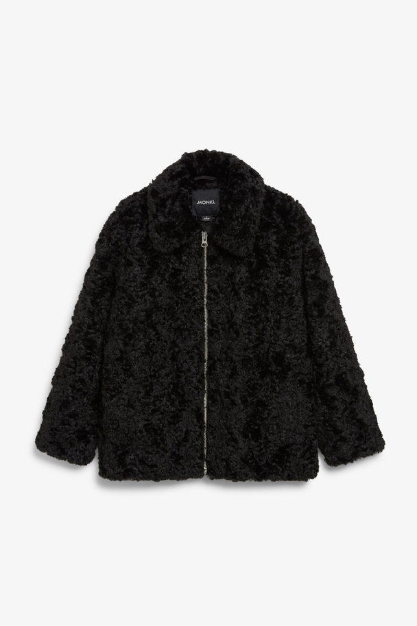 Monki Black Zip-up Faux Fur Oversize Jacket Black Dark