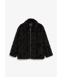 Black Zip-up Faux Fur Oversize Jacket Black Dark