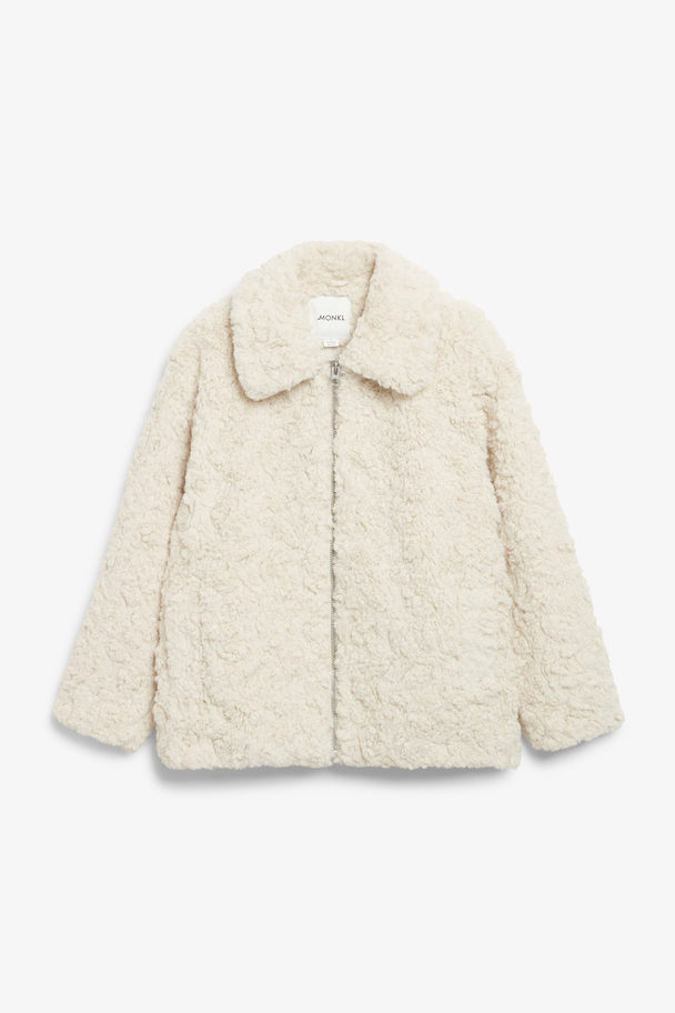 Monki White Zip-up Faux Fur Oversize Jacket White Dusty Light