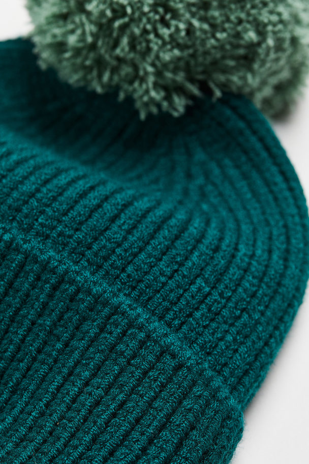 H&M Rib-knit Pompom Hat Dark Green
