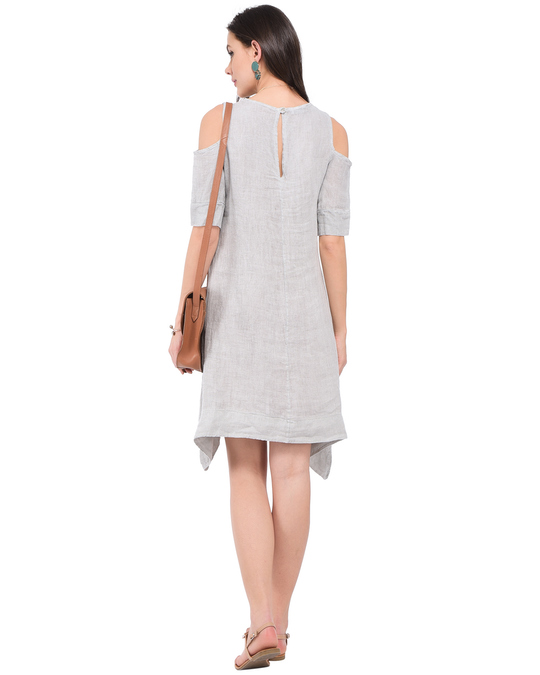 Le Jardin du Lin Mid-lenght Faded Dress With Round Collar And Opened Shoulders