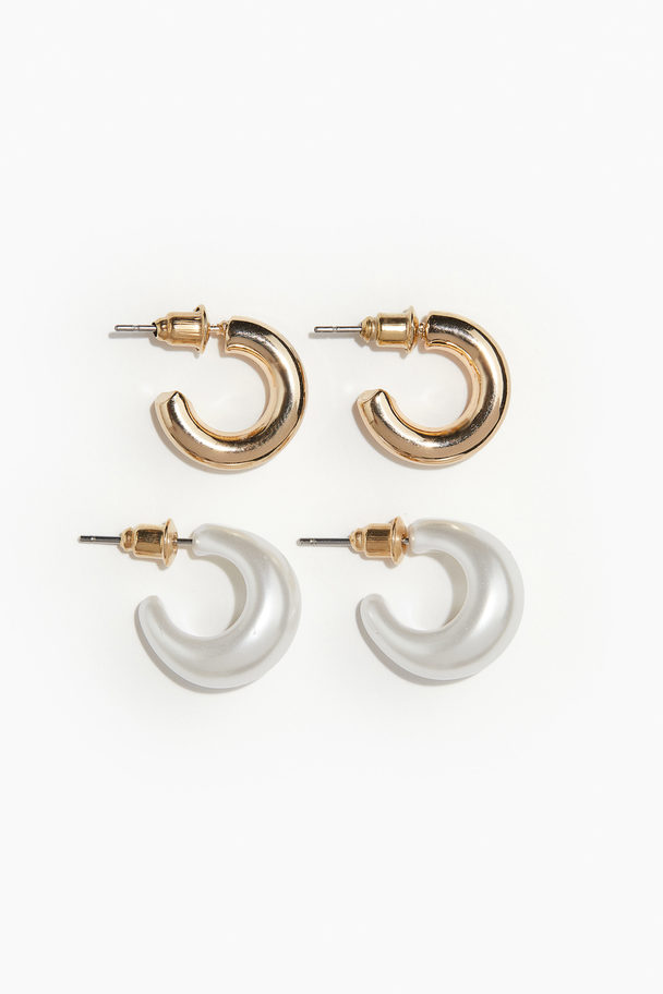 H&M 2 Pairs Hoop Earrings Gold-coloured/white