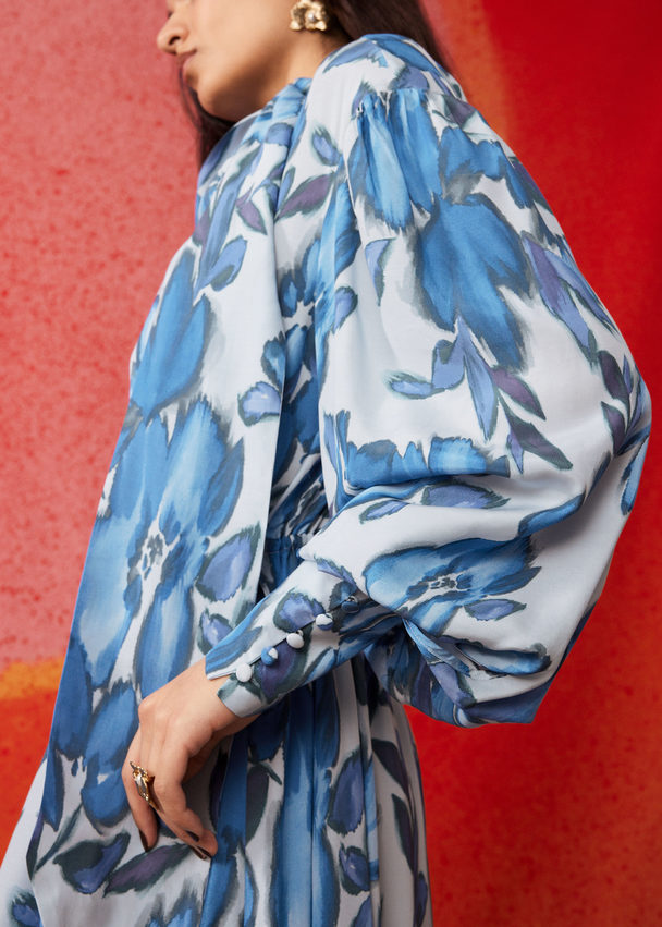 & Other Stories Tie-collar Wrap Midi Dress Blue Florals