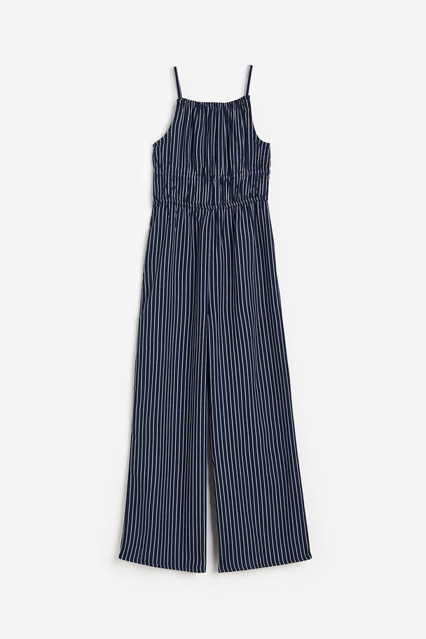 H&M Gathered Jumpsuit Navy Blue/striped