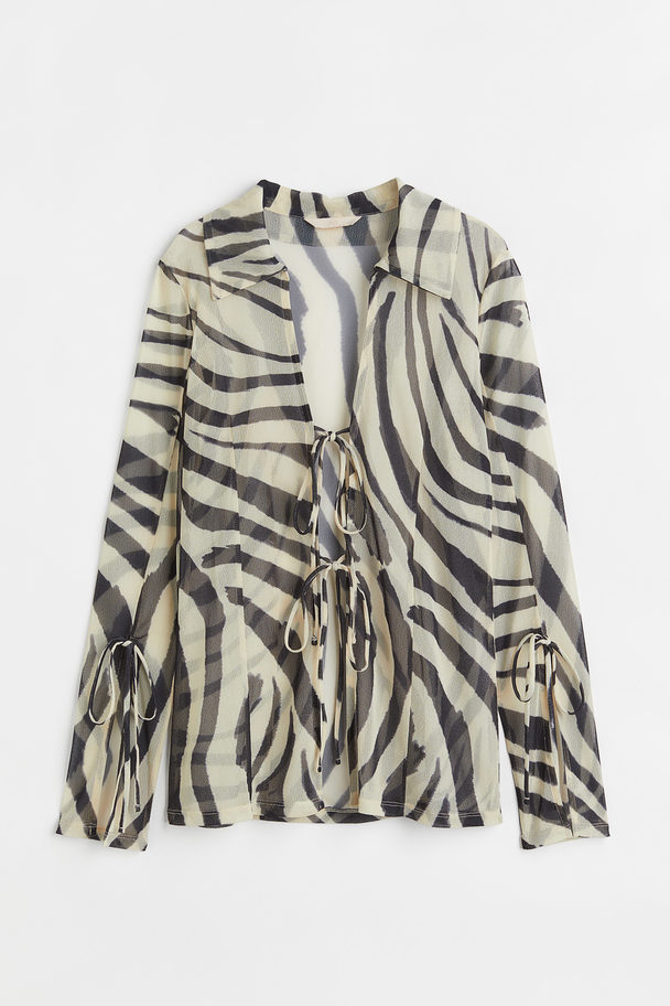 H&M Collared Tie-front Blouse Light Beige/zebra Print