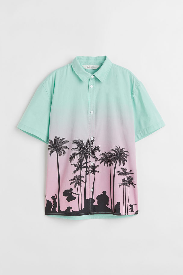 H&M Patterned Cotton Shirt Light Turquoise/palm Trees