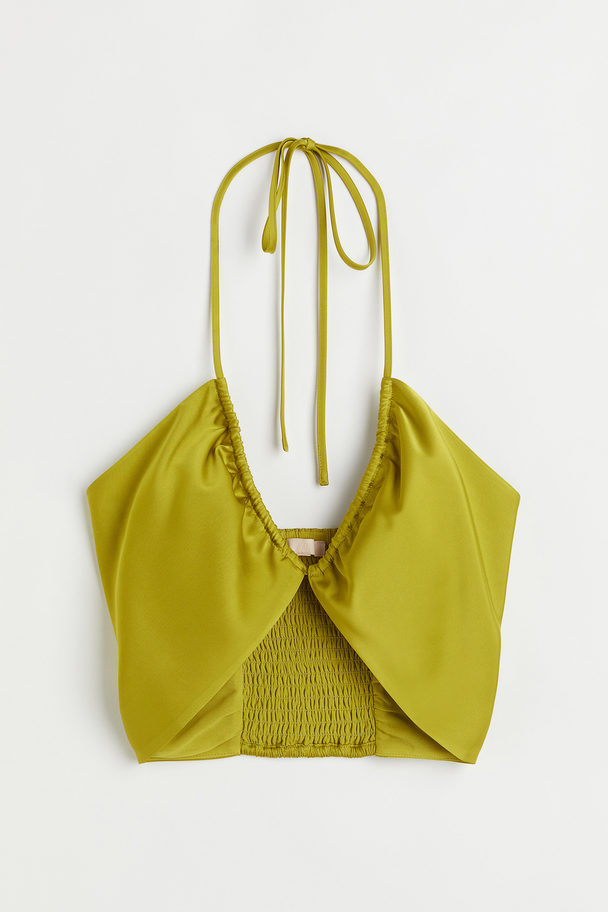 H&M Cropped Satin Halterneck Top Yellow-green