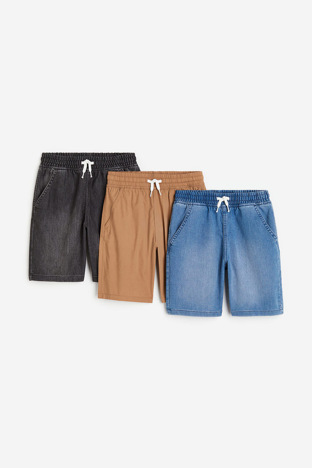 H&M Set Van 3 Denim Pull-on Shorts Zwart/donkerbeige