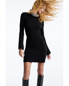 Twist-detail Rib-knit Dress Black