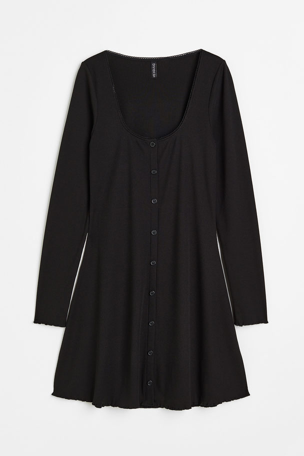 H&M Geripptes Kleid mit Spitzenborten Schwarz