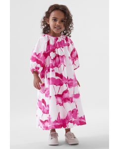 Printed Puff-sleeve Dress Fuchsia Pink