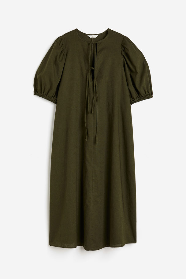 H&M Kleid aus einer Leinenmischung mit Bindebändern Dunkles Khakigrün