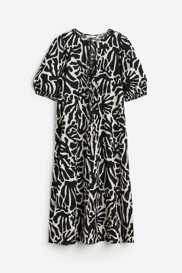 H&M Kleid aus einer Leinenmischung mit Bindebändern Schwarz/Gemustert