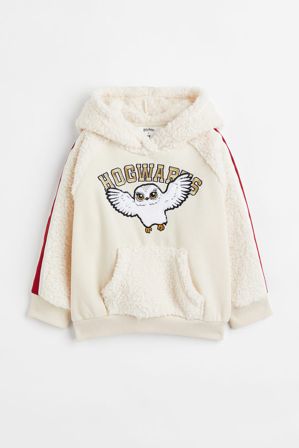 H&M Embroidered Teddy Hoodie Natural White/hogwarts