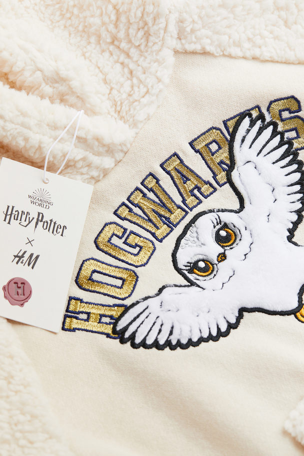 H&M Embroidered Teddy Hoodie Natural White/hogwarts