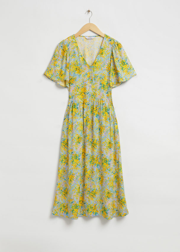 & Other Stories Midi-jurk Met Vlindermouwen Lichtblauw/gele Bloemen