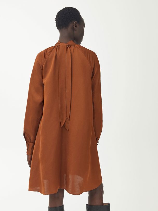 ARKET Tie-Neck Linen Blend Dress Terracotta