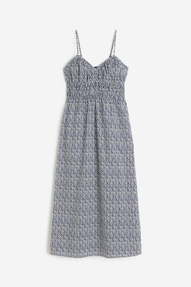 H&M Kleid mit gesmokter Taille Dunkelblau/Gemustert