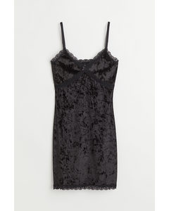 Ribbed Lace-trimmed Dress Black