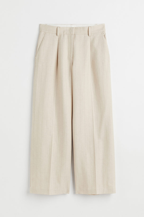 H&M Wide Linen-blend Trousers Light Beige/pinstriped