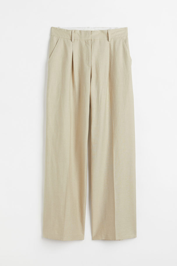 H&M Wide Linen-blend Trousers Light Green-beige