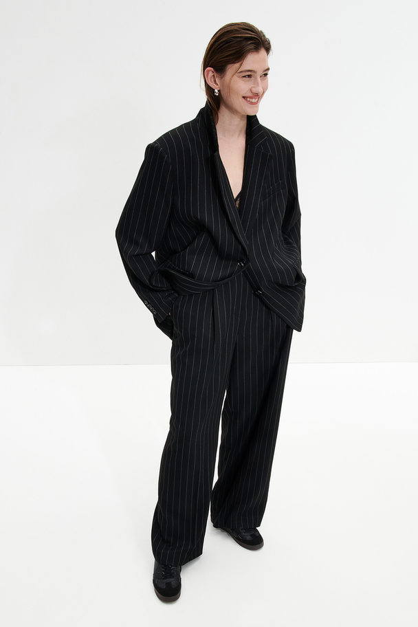 H&M Wide Twill Trousers Black/pinstriped