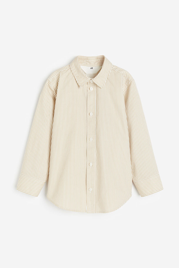 H&M Long-sleeved Cotton Shirt Beige/striped