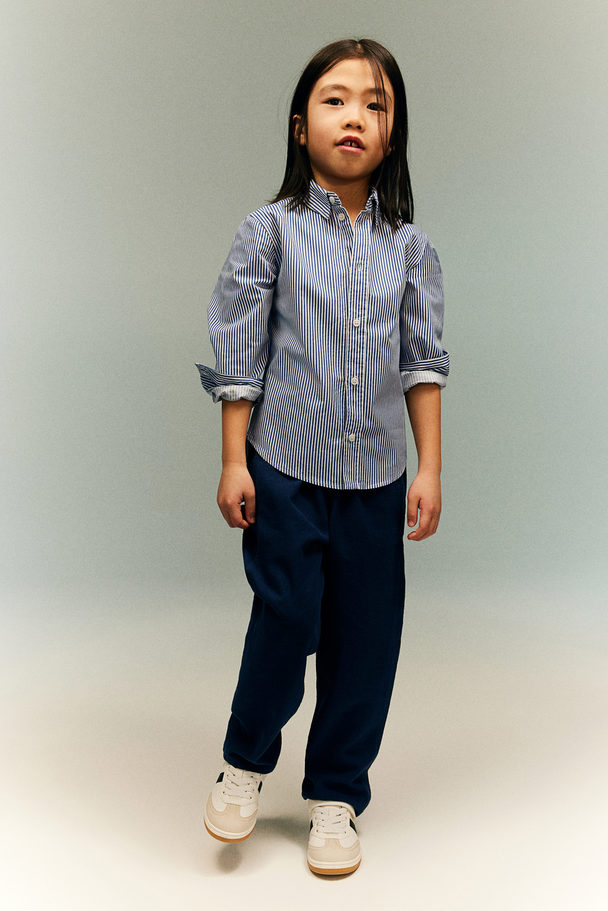 H&M Long-sleeved Cotton Shirt Navy Blue/striped