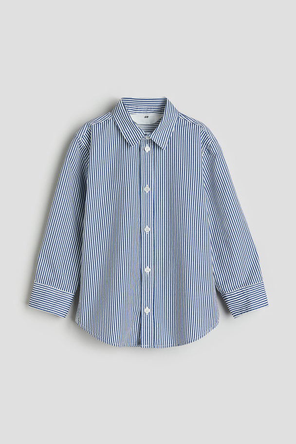 H&M Long-sleeved Cotton Shirt Navy Blue/striped