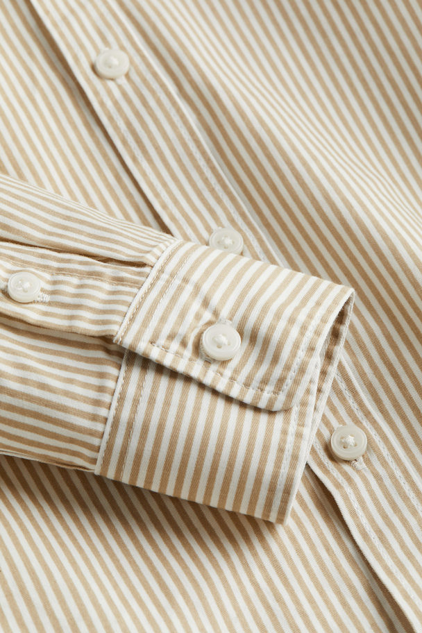 H&M Long-sleeved Cotton Shirt Beige/striped