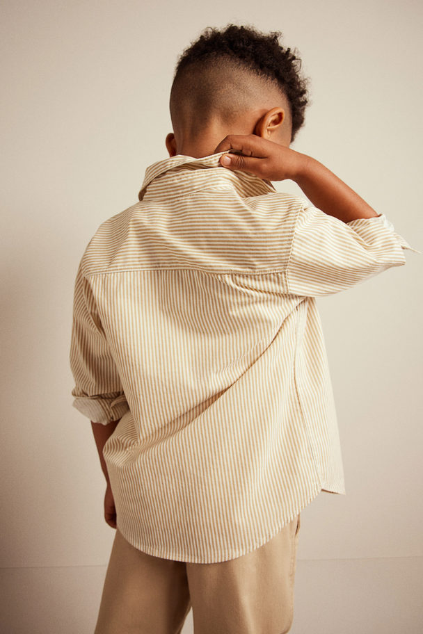 H&M Long-sleeved Cotton Shirt Beige/striped