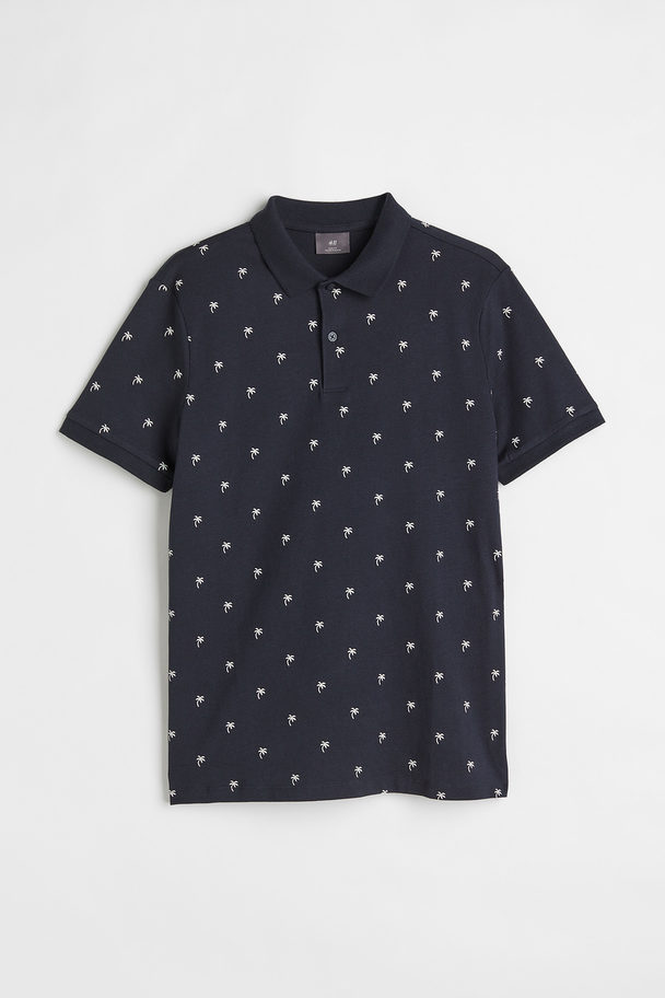 H&M Poloshirt Met Dessin - Slim Fit Donkerblauw/palmbomen