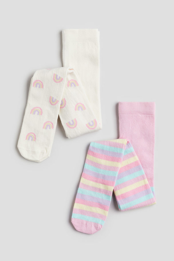 H&M 2-pack Fine-knit Tights Light Pink/rainbow-striped