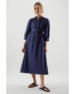 Puff-sleeve Belted Dress Navy