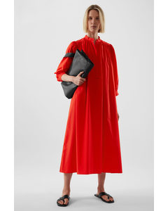 Puff-sleeve Belted Dress Red