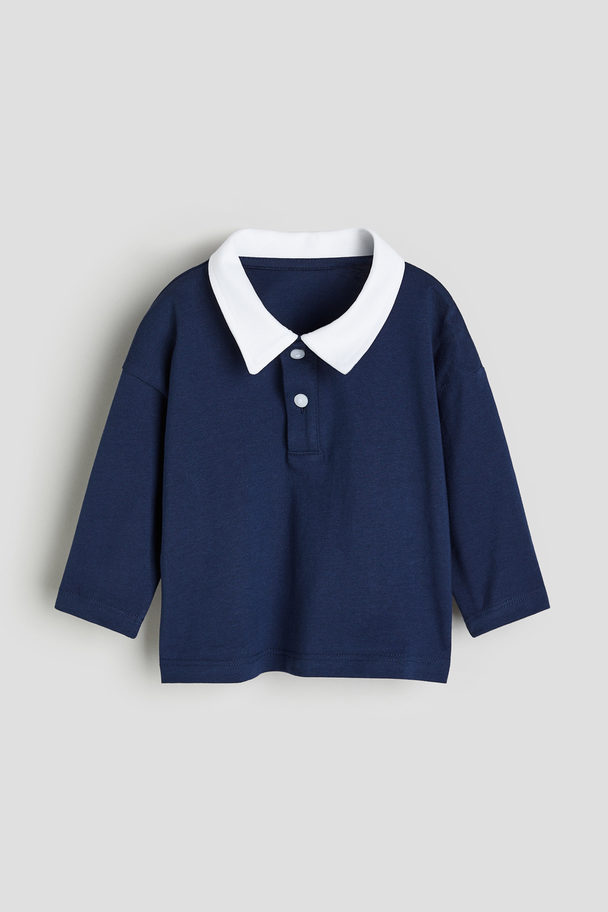 H&M Cotton Jersey Polo Shirt Dark Blue