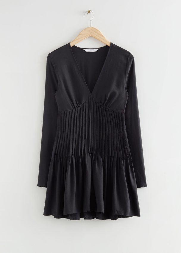 & Other Stories Pleated Waist Mini Dress Black