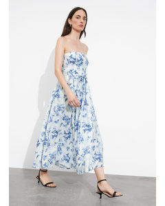 Belted Linen Midi Dress White/blue Floral Print