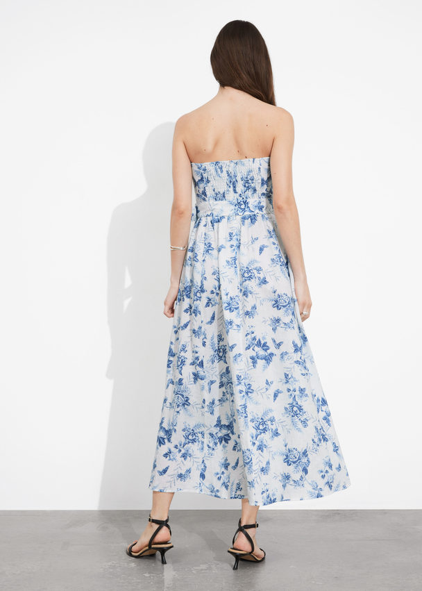 & Other Stories Belted Linen Midi Dress White/blue Floral Print