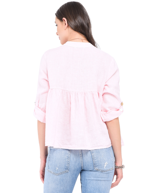 Le Jardin du Lin Buttoned Mao V-neck Ruffled Top With Attachable Long Sleeves