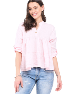 Buttoned Mao V-neck Ruffled Top With Attachable Long Sleeves