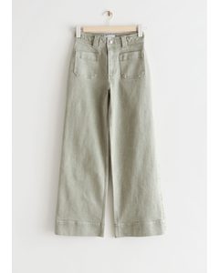 Flared Cropped Patch Pocket Jeans Pale Green