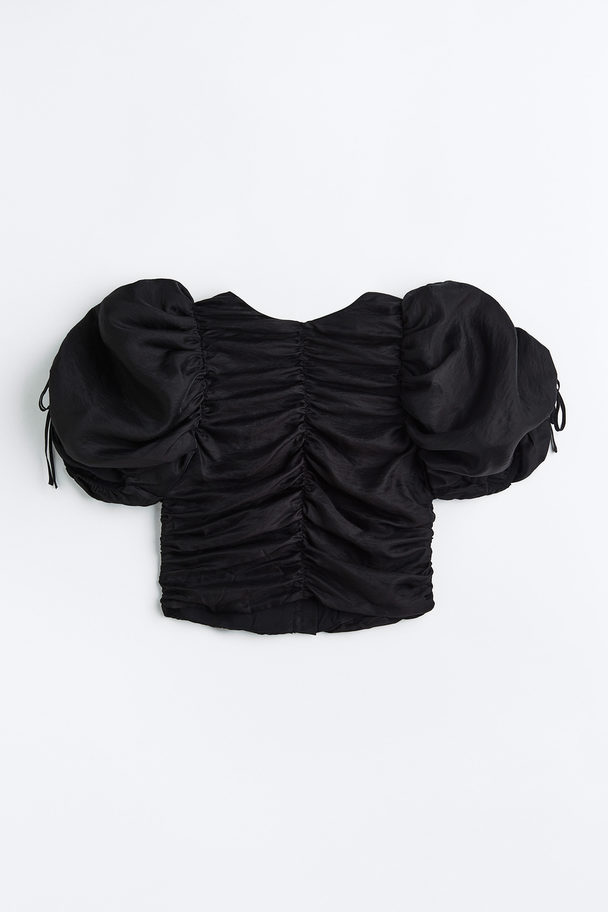H&M Gathered Puff-sleeved Blouse Black