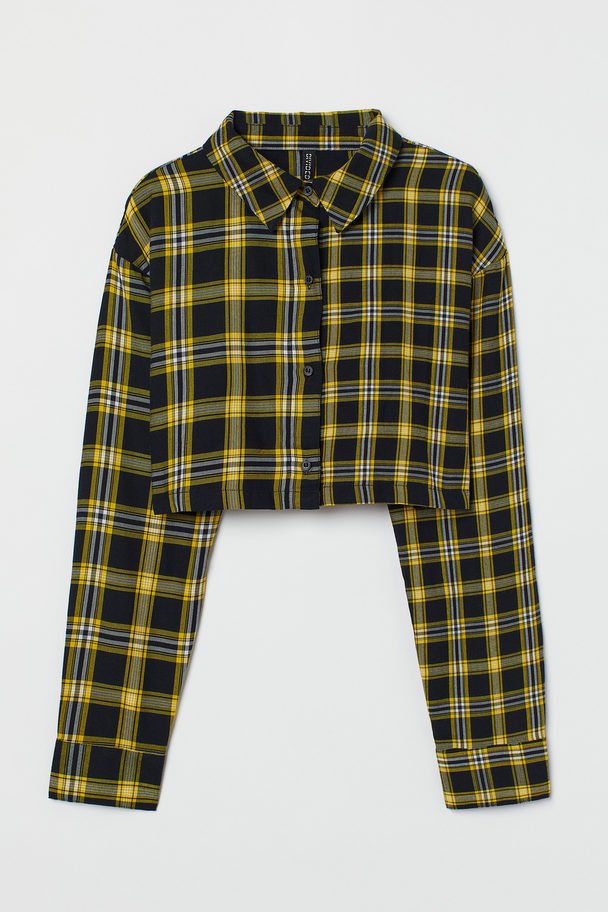 H&M Cropped Cotton Shirt Black/yellow Checked