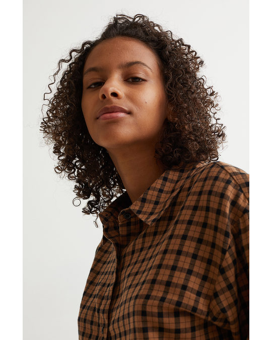 H&M Cropped Cotton Shirt Brown/checked