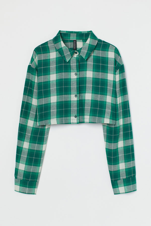 H&M Cropped Cotton Shirt Green/white Checked